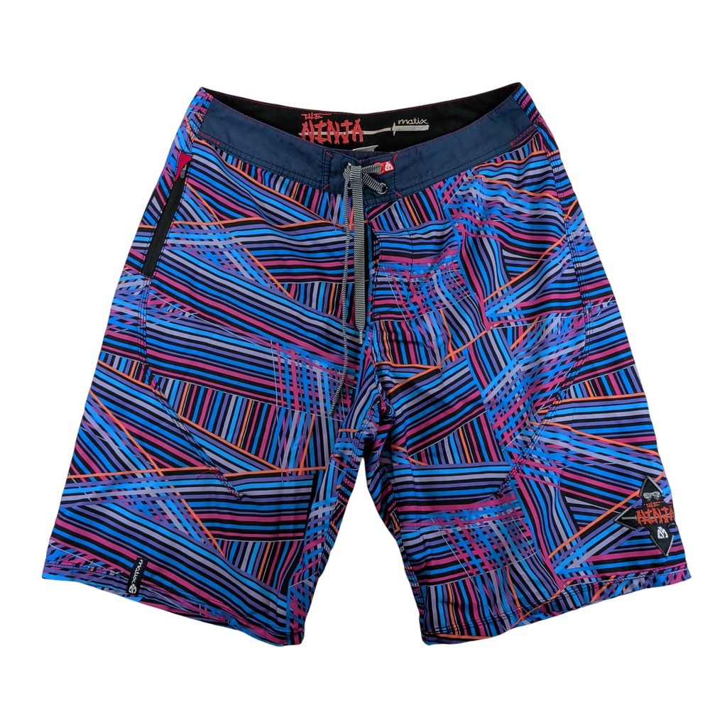 Matix Mens‎ Ninja Whack Job Board Shorts Blue Geometric Abstract Swim Trunks 32